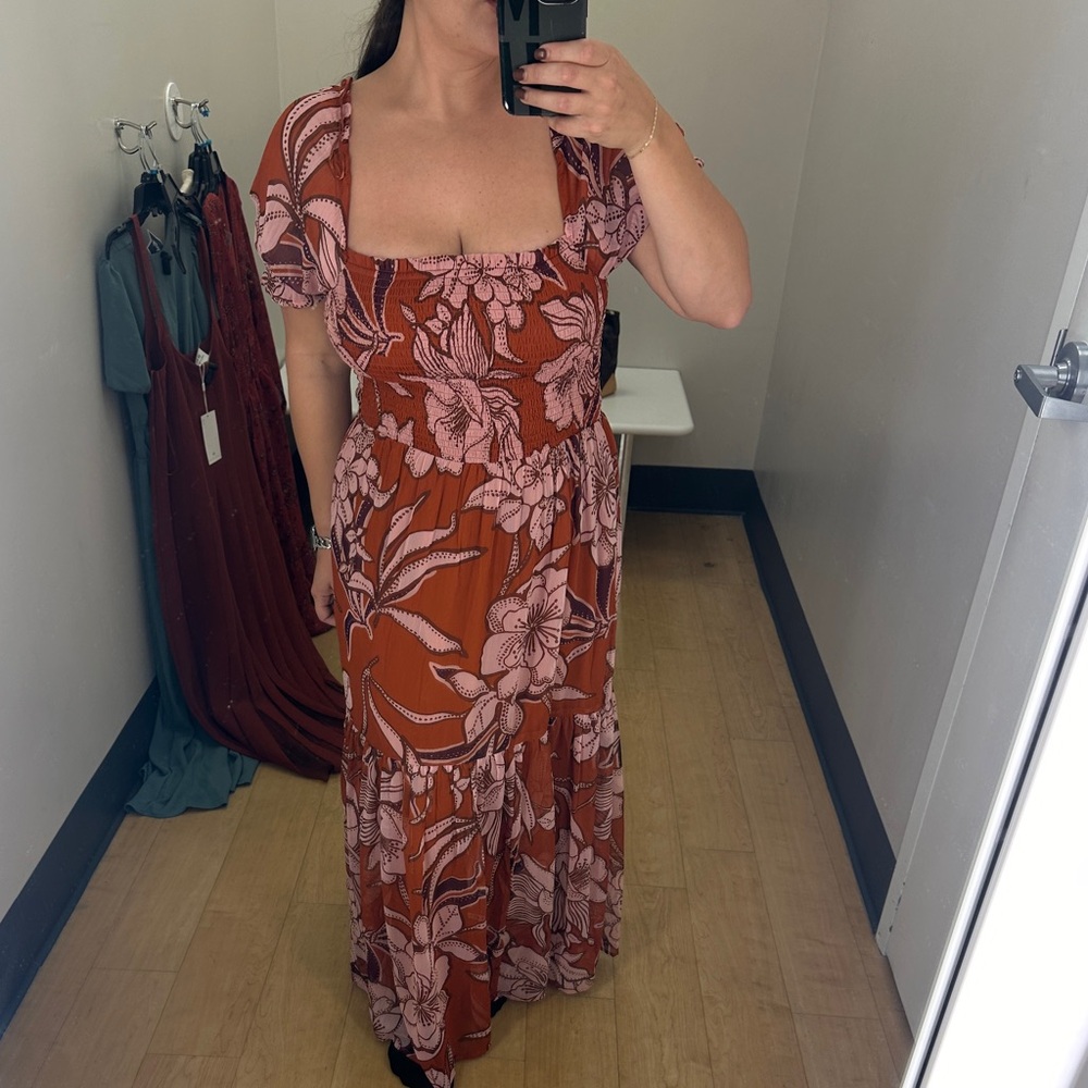 Patrons of Peace Floral Smocked Short Sleeve Brown/Pink Maxi Dress (Large)
